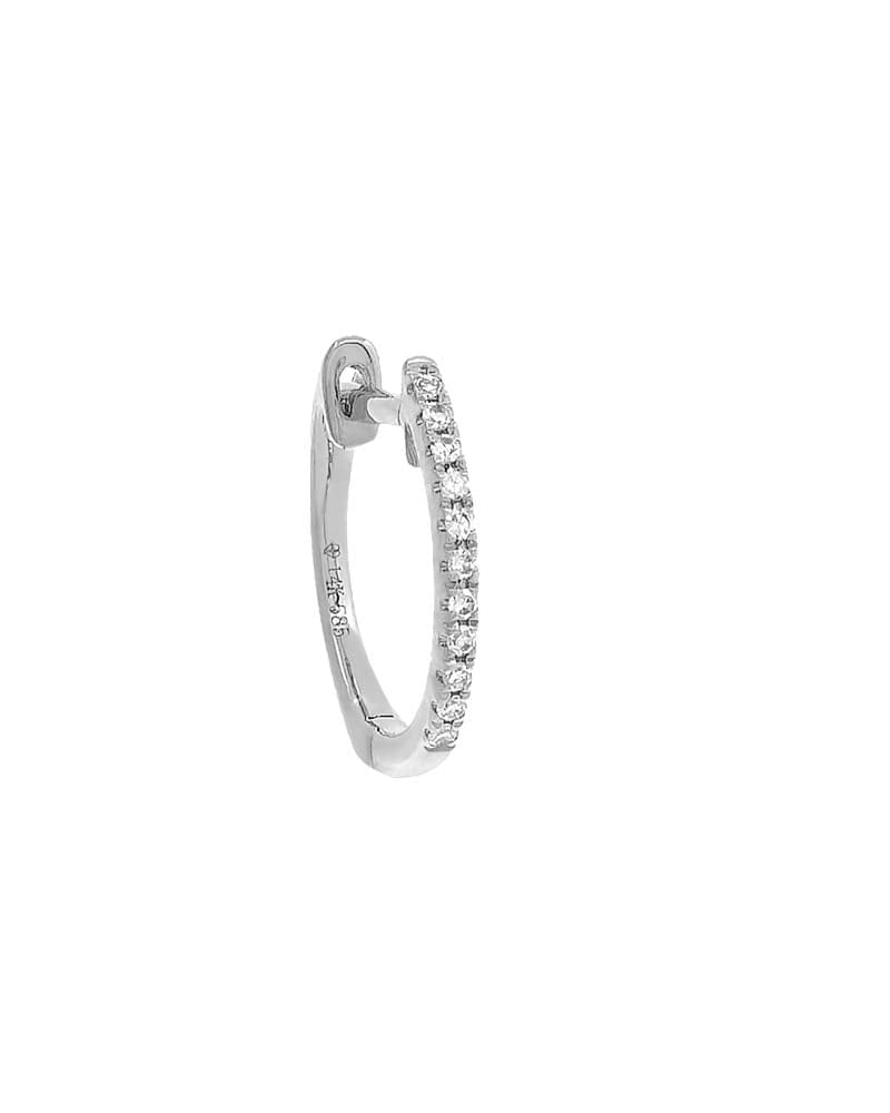 Front of a size 12 MM Diamond Huggie Earring 14K White Gold 12 MM Single in 14K White Gold by By Adina Eden. | dia_product_style_image_id:292404